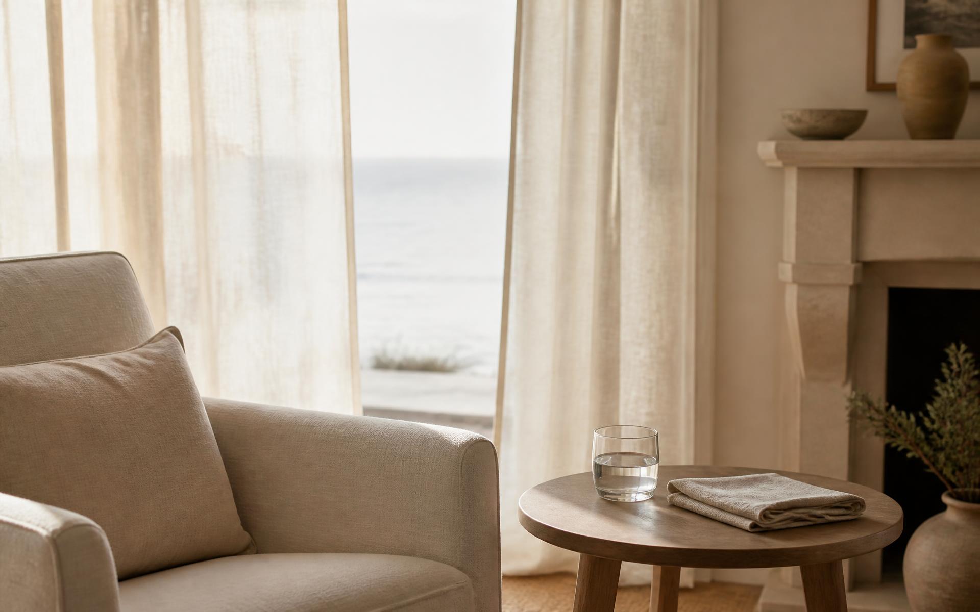 A quiet, light-filled sitting room in a coastal home